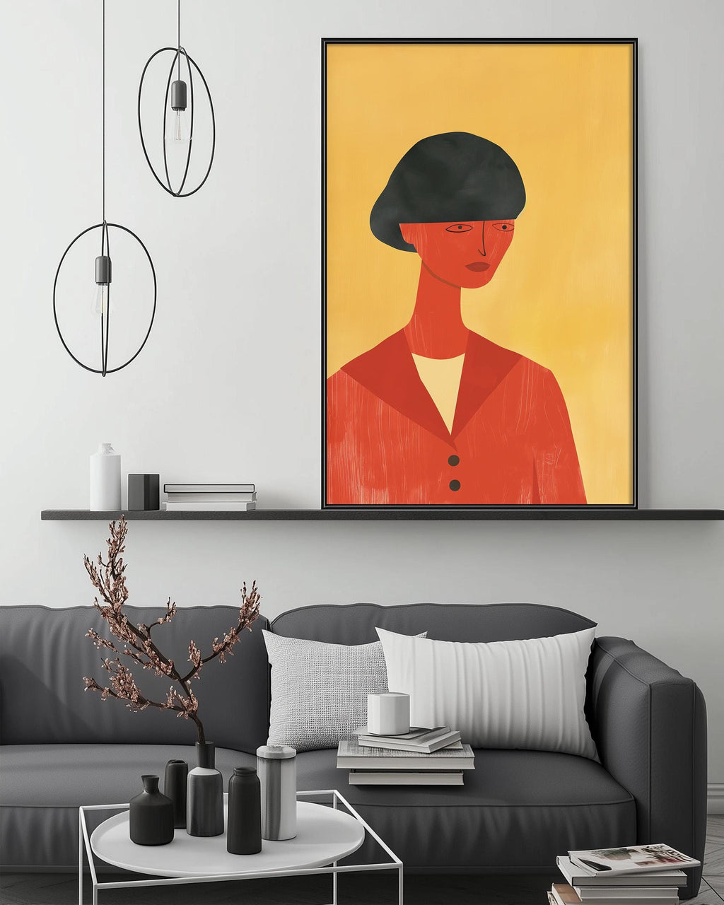 a modern living room with a gray sofa, a coffee table, and a large framed artwork of a woman in a red jacket hanging on the wall above the sofa.