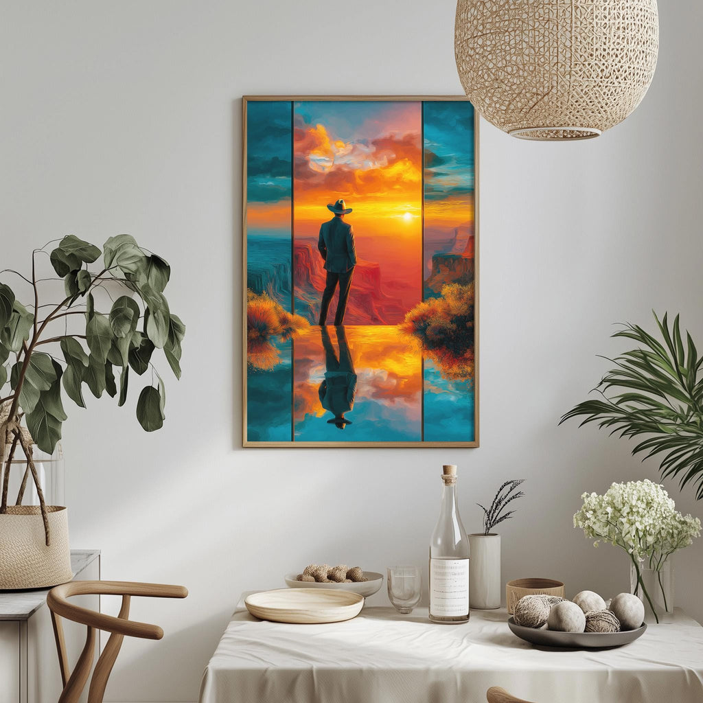 a painting of a person standing in front of a sunset, with a reflection of the sunset in a mirror. The painting is hung on a wall above a dining table with various items on it, including a bottle, a bowl, and a vase.