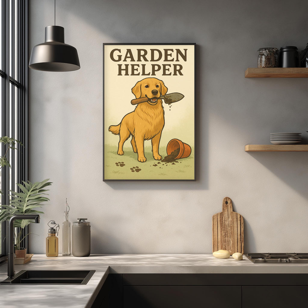 a kitchen counter with various items, including a framed poster of a dog holding a shovel, a wooden cutting board, and a potted plant.