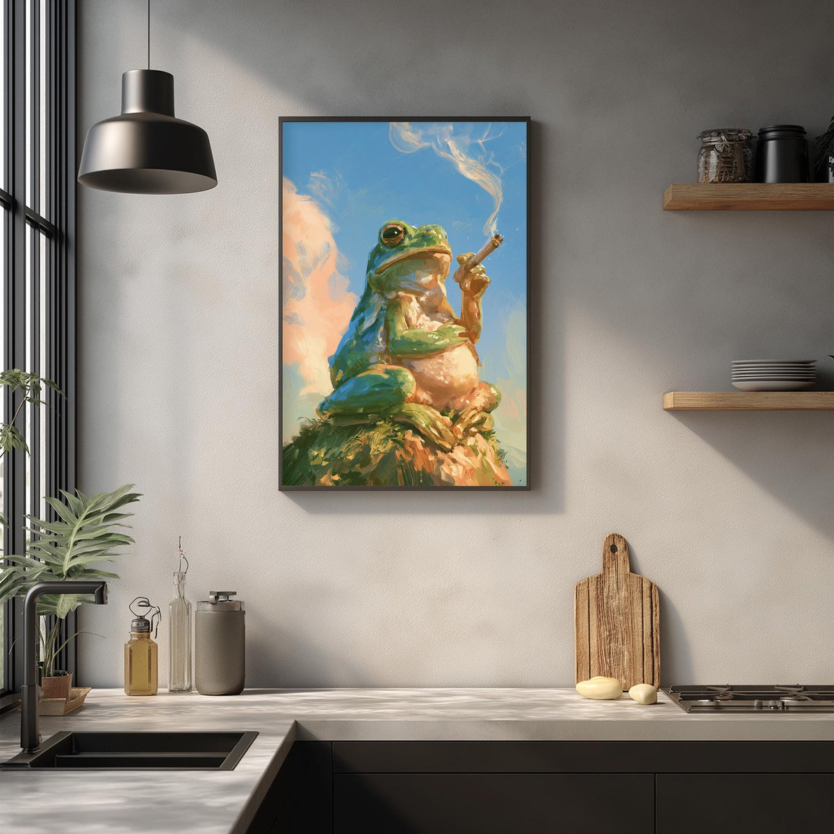 a framed painting of a green frog sitting on a rock and smoking a pipe, hanging on a wall above a kitchen counter.