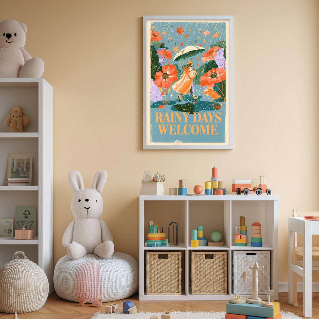 A child's bedroom with a white bookshelf, a stuffed rabbit, and a colorful poster on the wall. The poster features a woman holding an umbrella and surrounded by flowers, with the text "Rainy days welcome".