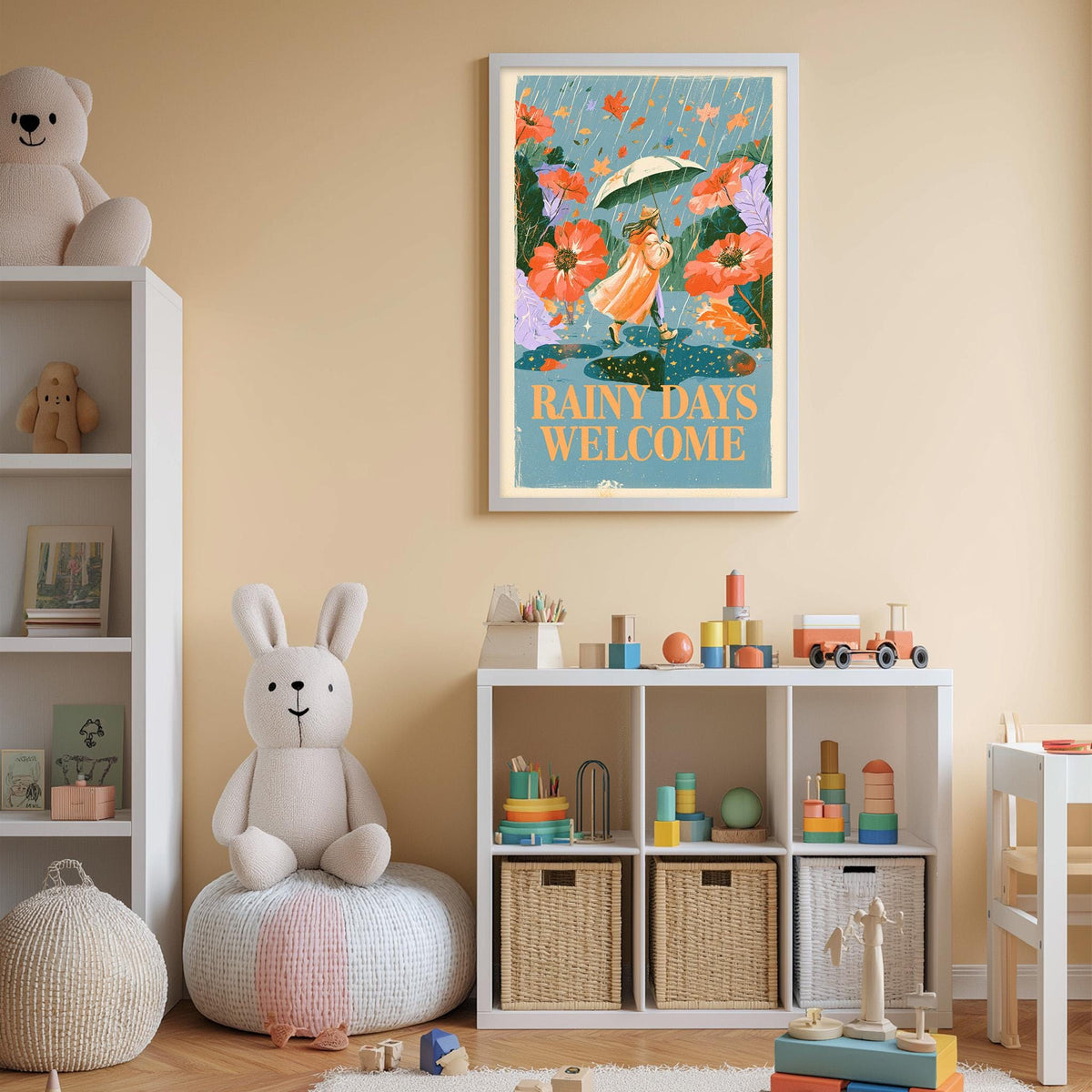 A child's bedroom with a white bookshelf, a stuffed rabbit, and a colorful poster on the wall. The poster features a woman holding an umbrella and surrounded by flowers, with the text "Rainy days welcome".