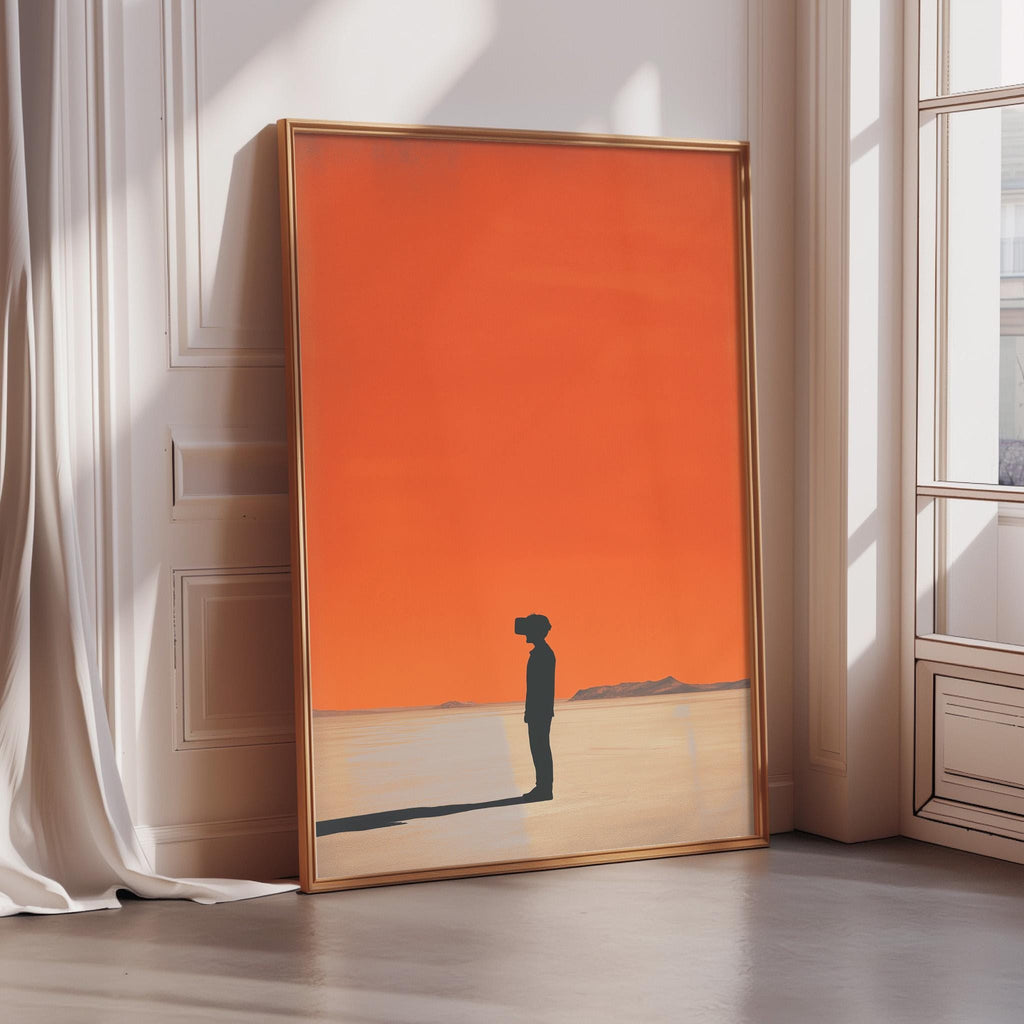 a large, framed painting depicting a person standing in a desert landscape with an orange sky in the background.