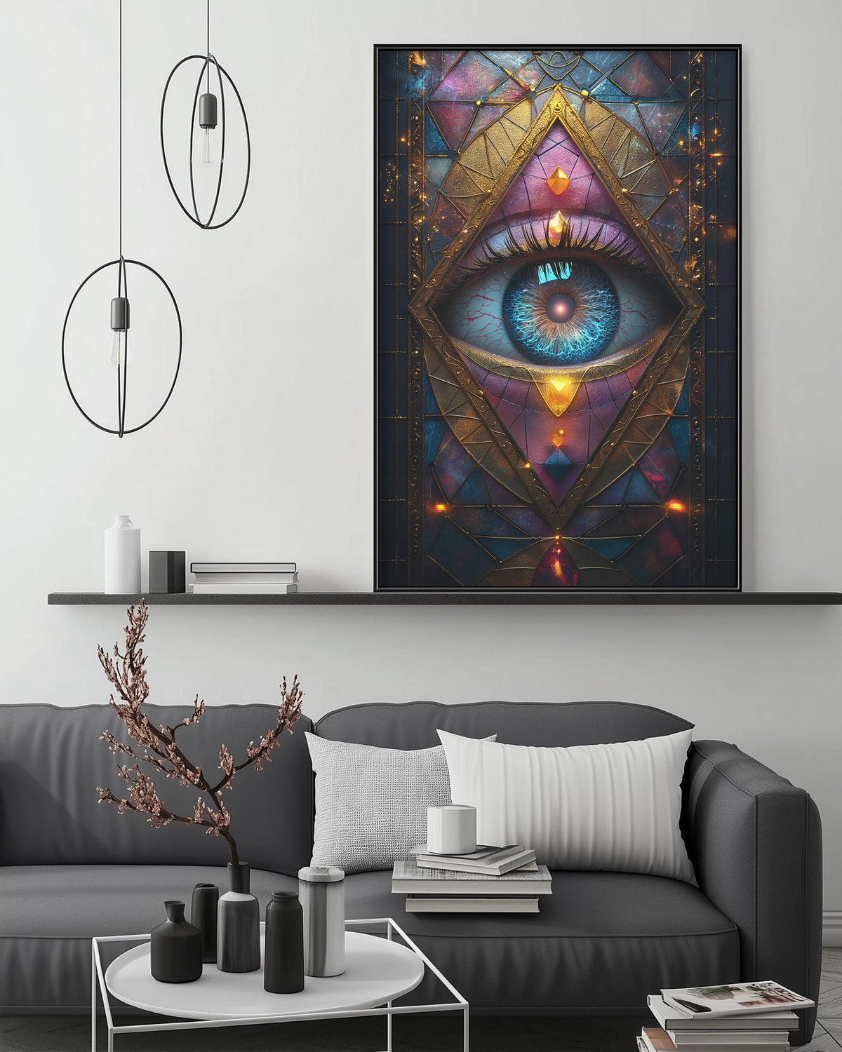 a large, colorful painting of an eye set against a dark background with intricate geometric patterns. The painting is hanging on a wall above a gray couch, which has a coffee table in front of it. The room also includes a shelf with various decorative items, and a potted plant on the floor.