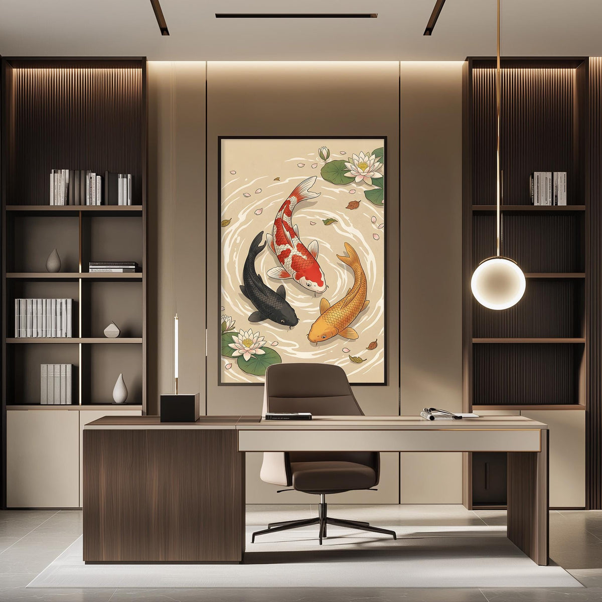 a modern office space with a large painting of koi fish as the focal point. The office features a wooden desk, a comfortable chair, and a bookshelf filled with books. The overall design and decor create a serene and professional atmosphere.