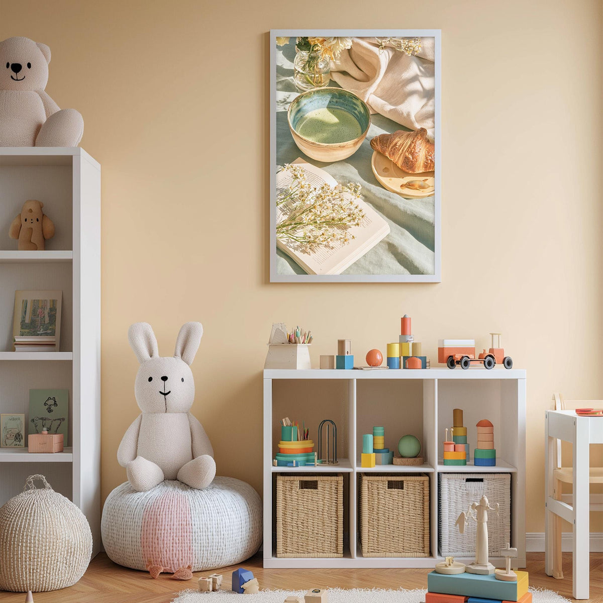 A cozy children's room with a white bookshelf, a plush rabbit, and a toy train. The room has a warm, inviting atmosphere with a framed picture of a bowl and a plate of food on the wall.
