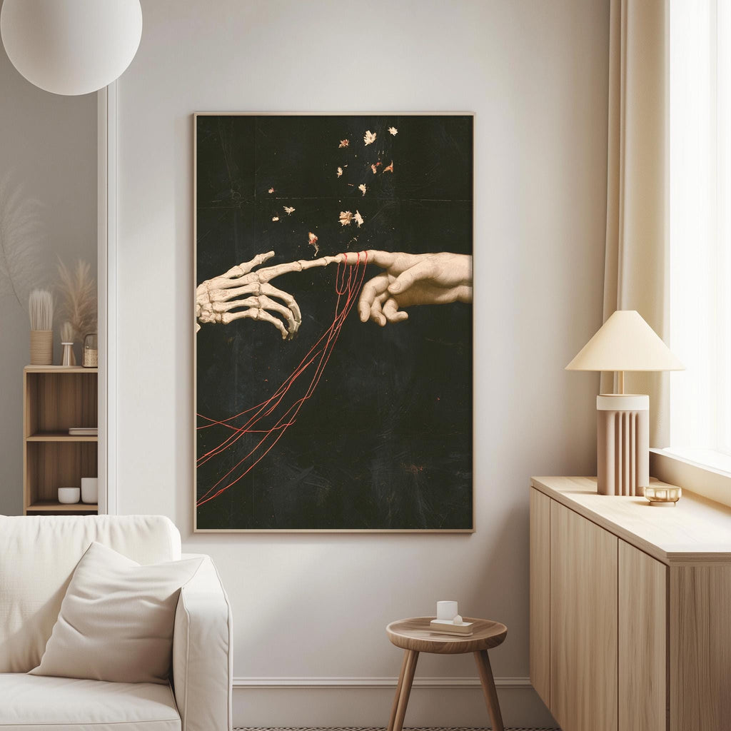 a large black and white painting of two skeletal hands reaching towards each other, with red strings connecting them. The painting is displayed on a wall in a living room setting, with a white sofa and a wooden side table visible in the background.