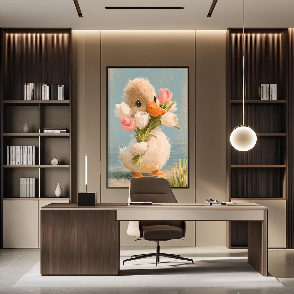 a modern office space with a large framed picture of a duck holding flowers on the wall. The office has a wooden desk, a chair, and a bookshelf. The overall design and decor create a pleasant and professional atmosphere.