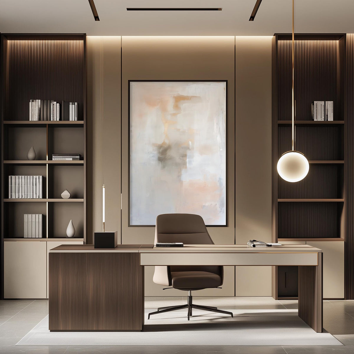 a modern and minimalist office space with a large wooden desk, a comfortable-looking chair, and a large abstract painting on the wall.