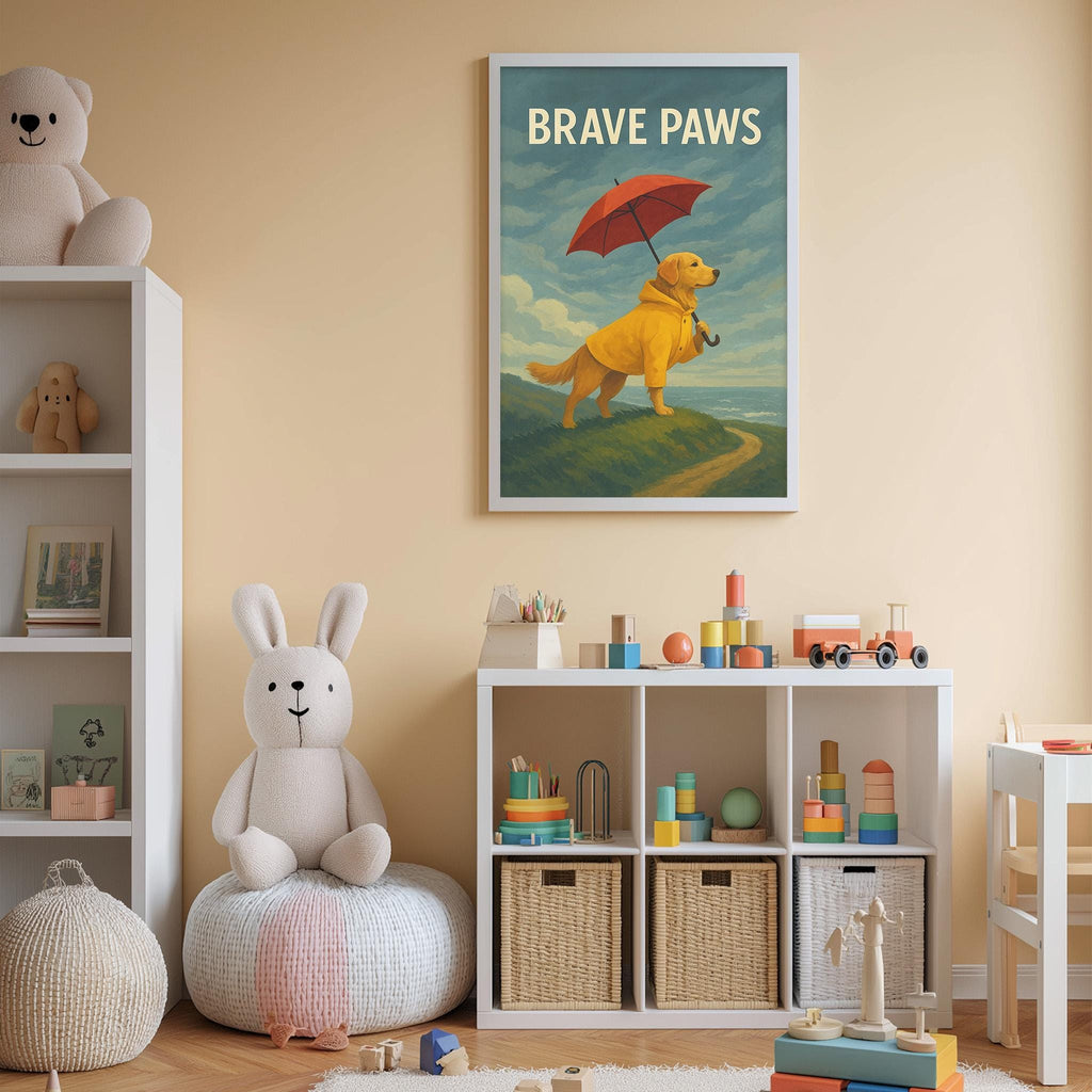 A child's bedroom with a white bookshelf, a stuffed rabbit, and a toy train. Above the bookshelf is a framed poster of a dog holding an umbrella, with the text "BRAVE PAWS" written on it.