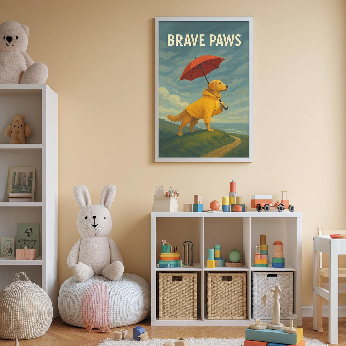 A child's bedroom with a white bookshelf, a stuffed rabbit, and a toy train. Above the bookshelf is a framed poster of a dog holding an umbrella, with the text "BRAVE PAWS" written on it.
