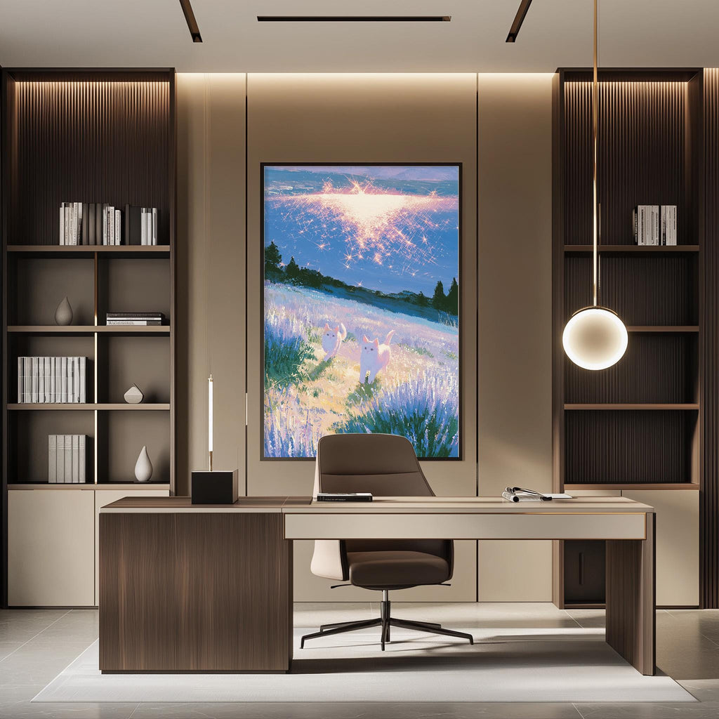 a modern and well-lit office space with a large painting of a landscape hanging on the wall. The office features a wooden desk with a chair, and a bookshelf filled with books. The overall design and decor create a professional and comfortable atmosphere.