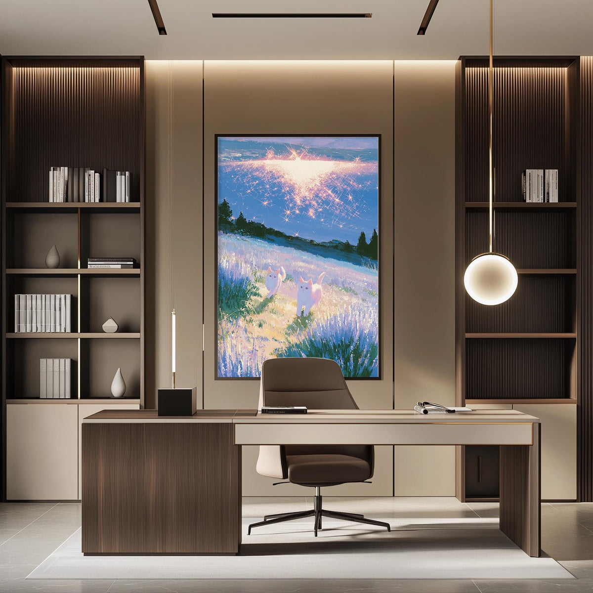a modern and well-lit office space with a large painting of a landscape hanging on the wall. The office features a wooden desk with a chair, and a bookshelf filled with books. The overall design and decor create a professional and comfortable atmosphere.