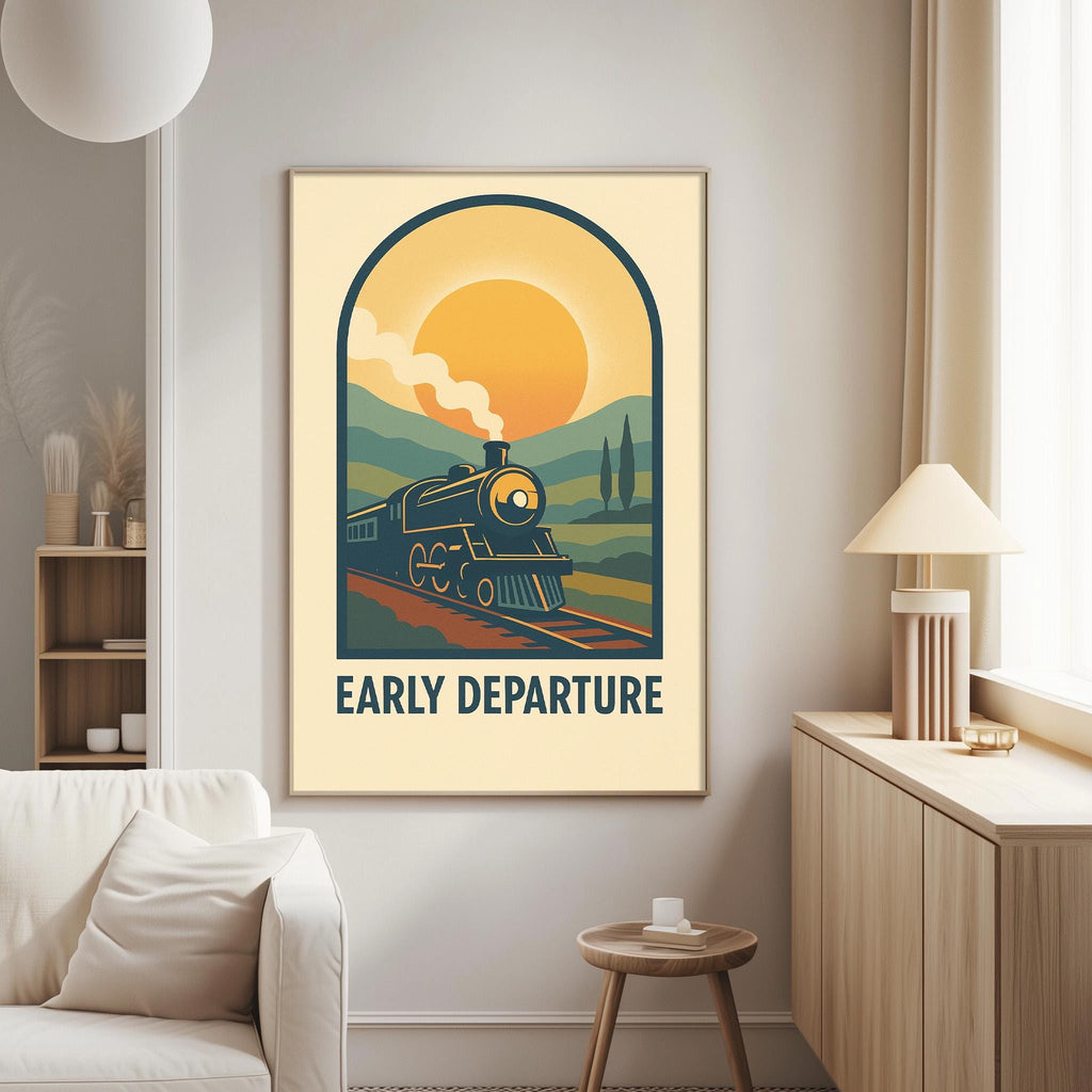 a poster of a train on a track with a sun in the background, and the text "Early Departure" below the train.