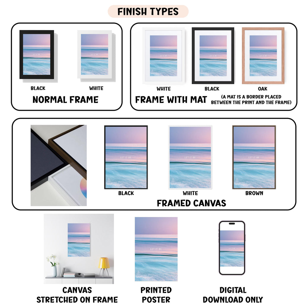 various finish types for artwork, including canvas stretched on frame, framed canvas, printed poster, and digital download only.