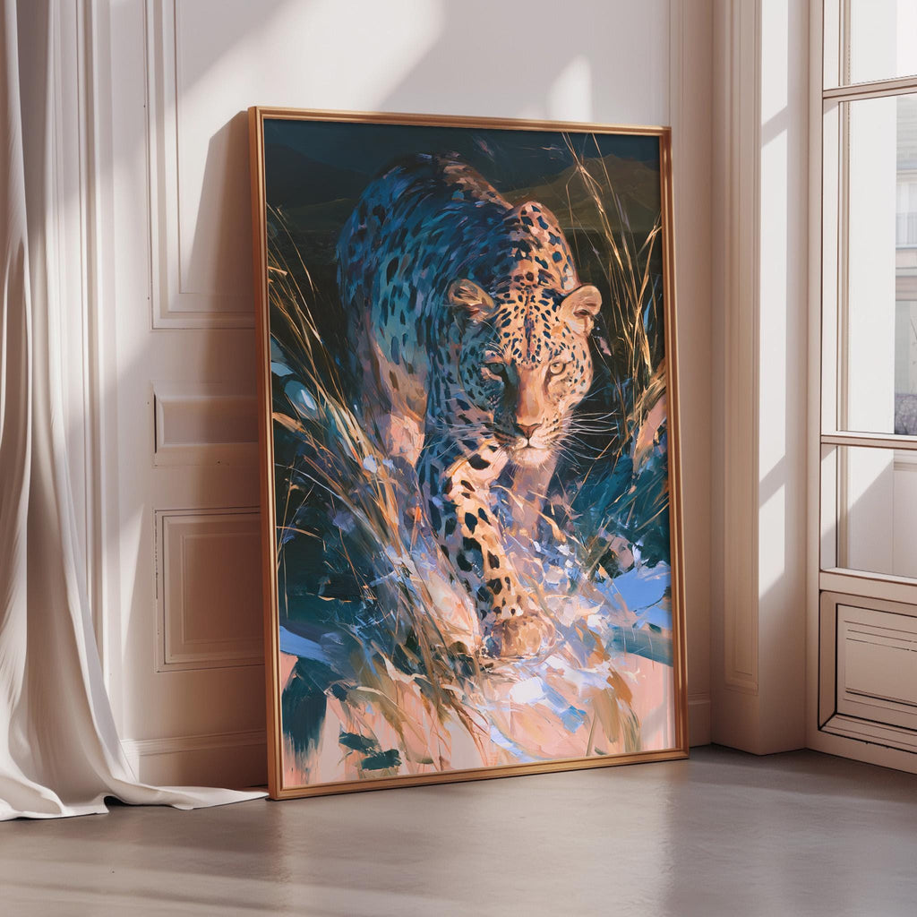 a large framed painting of a leopard in a natural setting, with its distinctive spotted coat and powerful stance.