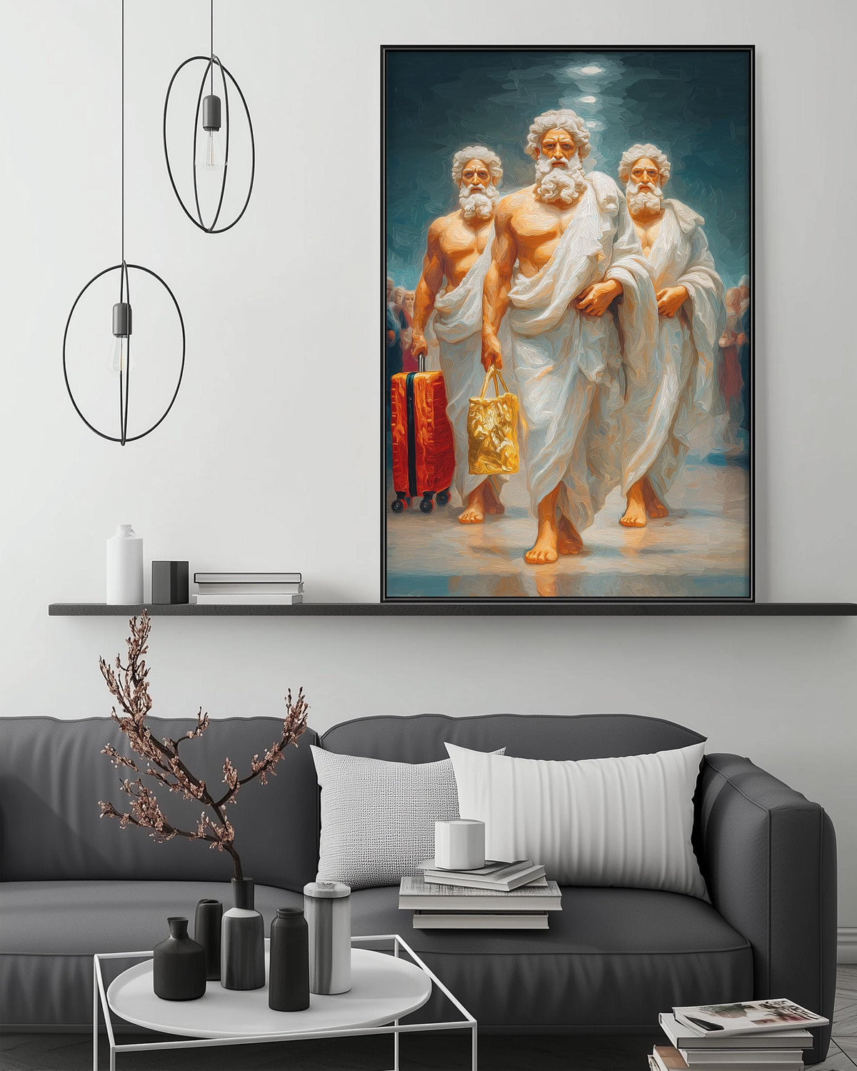 a modern living room with a gray sofa, a coffee table, and a large framed painting of three bearded men in white robes holding luggage.
