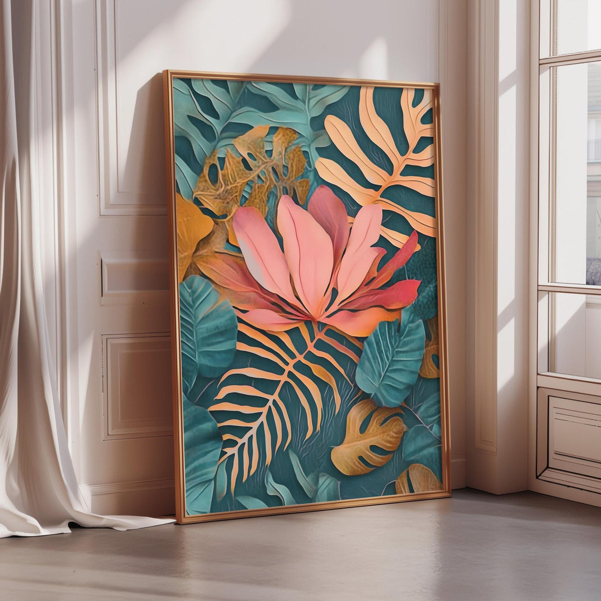 A framed painting depicting a vibrant tropical scene with a large pink flower surrounded by lush green leaves and other tropical foliage.