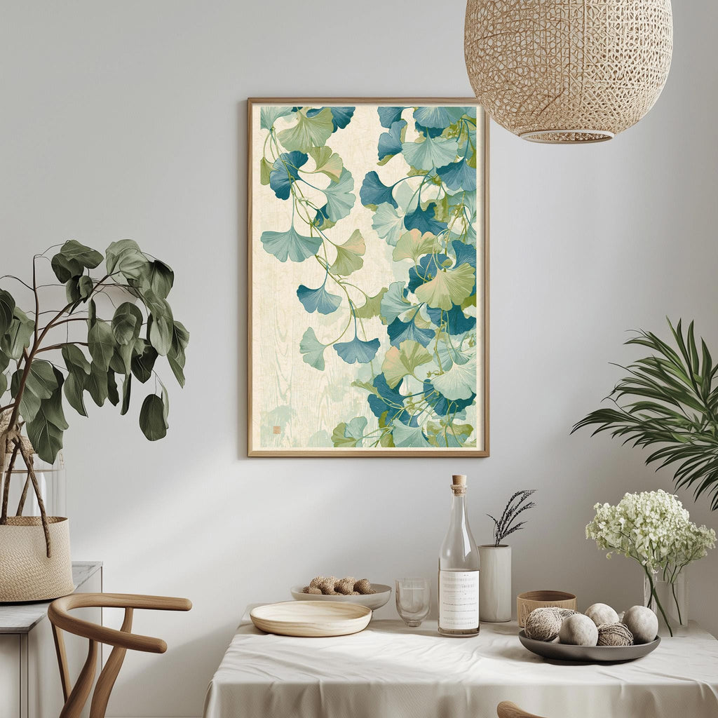 a dining table with a white tablecloth, a bowl of fruit, a bottle, and a vase with flowers. Above the table, there is a framed picture of green leaves hanging on the wall.