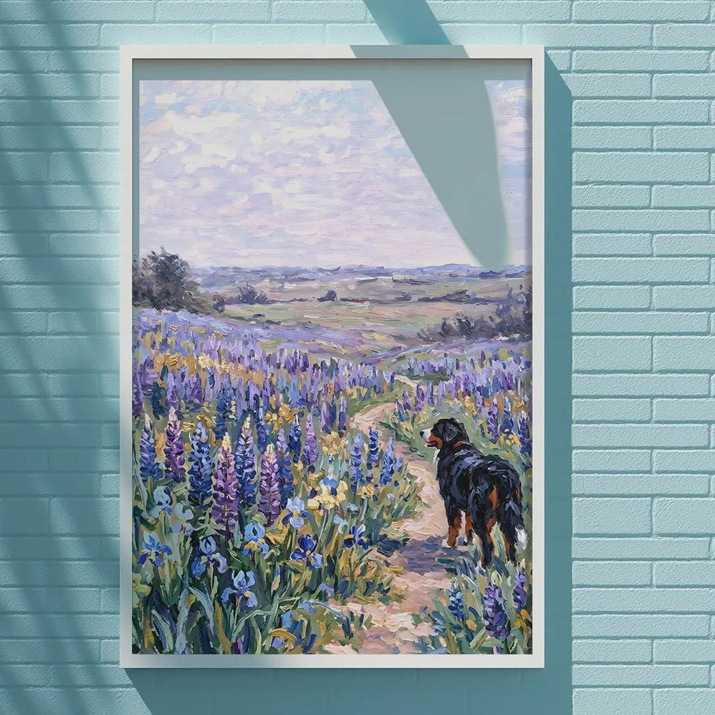 A framed painting of a dog standing in a field of flowers is displayed on a blue brick wall.