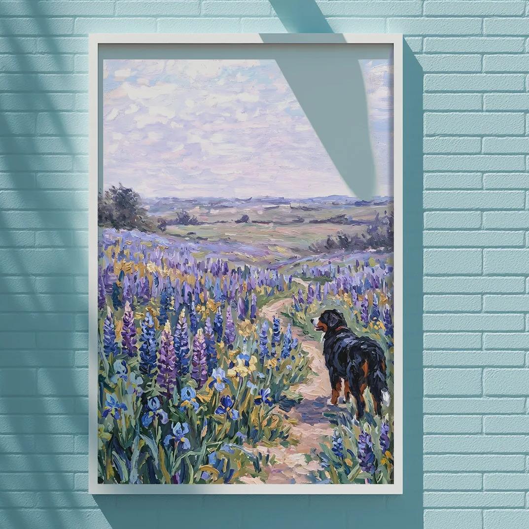 A framed painting of a dog standing in a field of flowers is displayed on a blue brick wall.