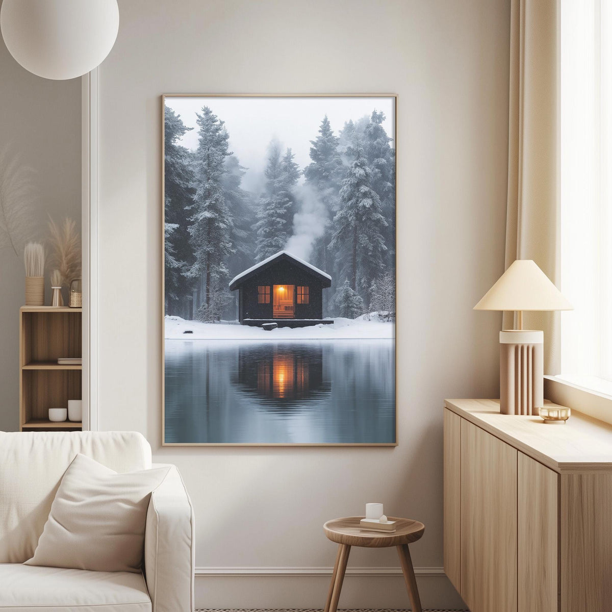 a cozy cabin nestled in a snowy forest, with a warm glow from the cabin's windows reflecting on the still water surface.