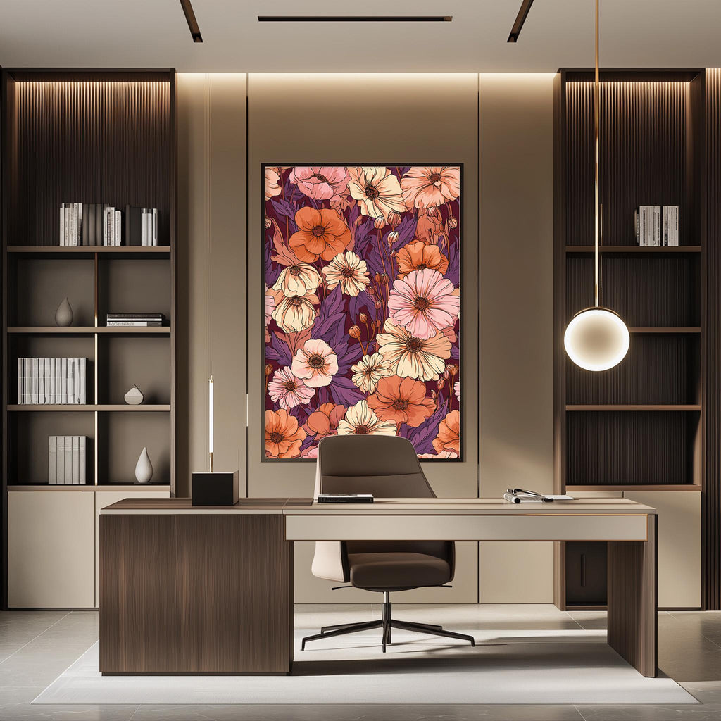 a modern and stylish office space with a large floral artwork hanging on the wall behind a desk. The desk is positioned in front of the artwork, creating a focal point in the room. The office also features built-in bookshelves and a pendant light, contributing to the overall contemporary design.