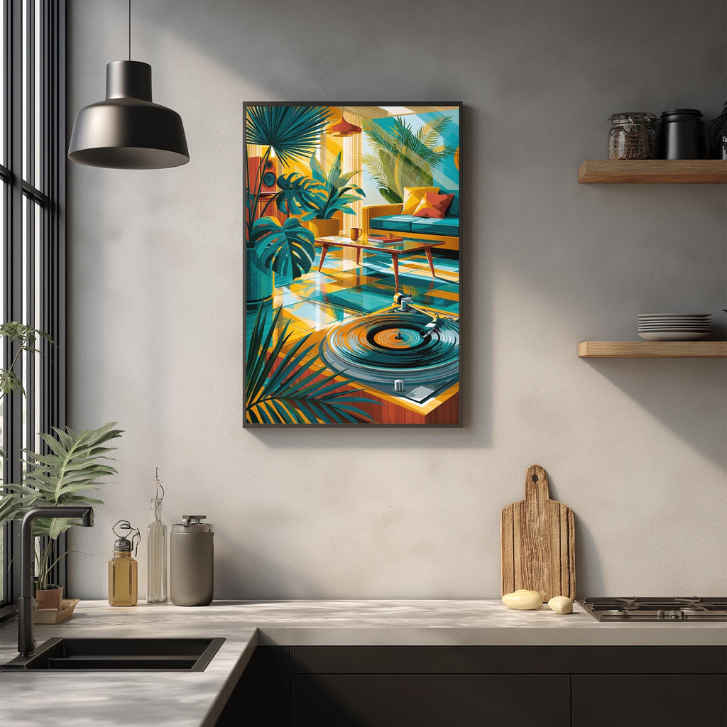 a modern kitchen with a large framed painting of a tropical scene hanging on the wall above a wooden cutting board and other kitchen items.