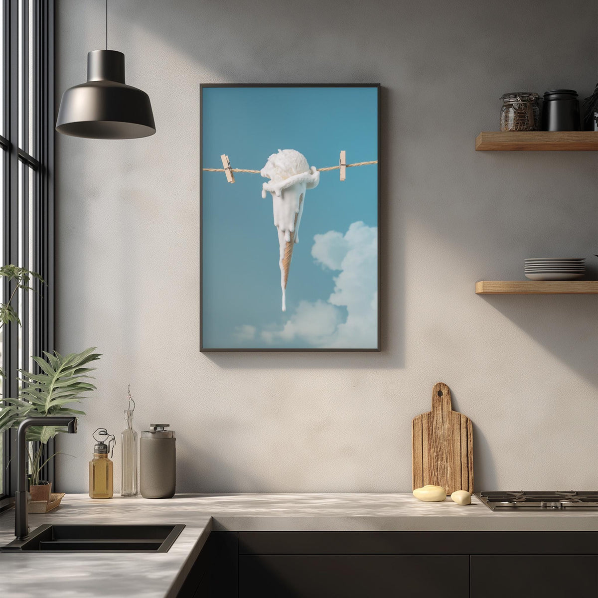 a kitchen counter with various items, including a wooden cutting board, a sink, and a potted plant. Above the counter, there is a framed image of an ice cream cone hanging on a clothesline.
