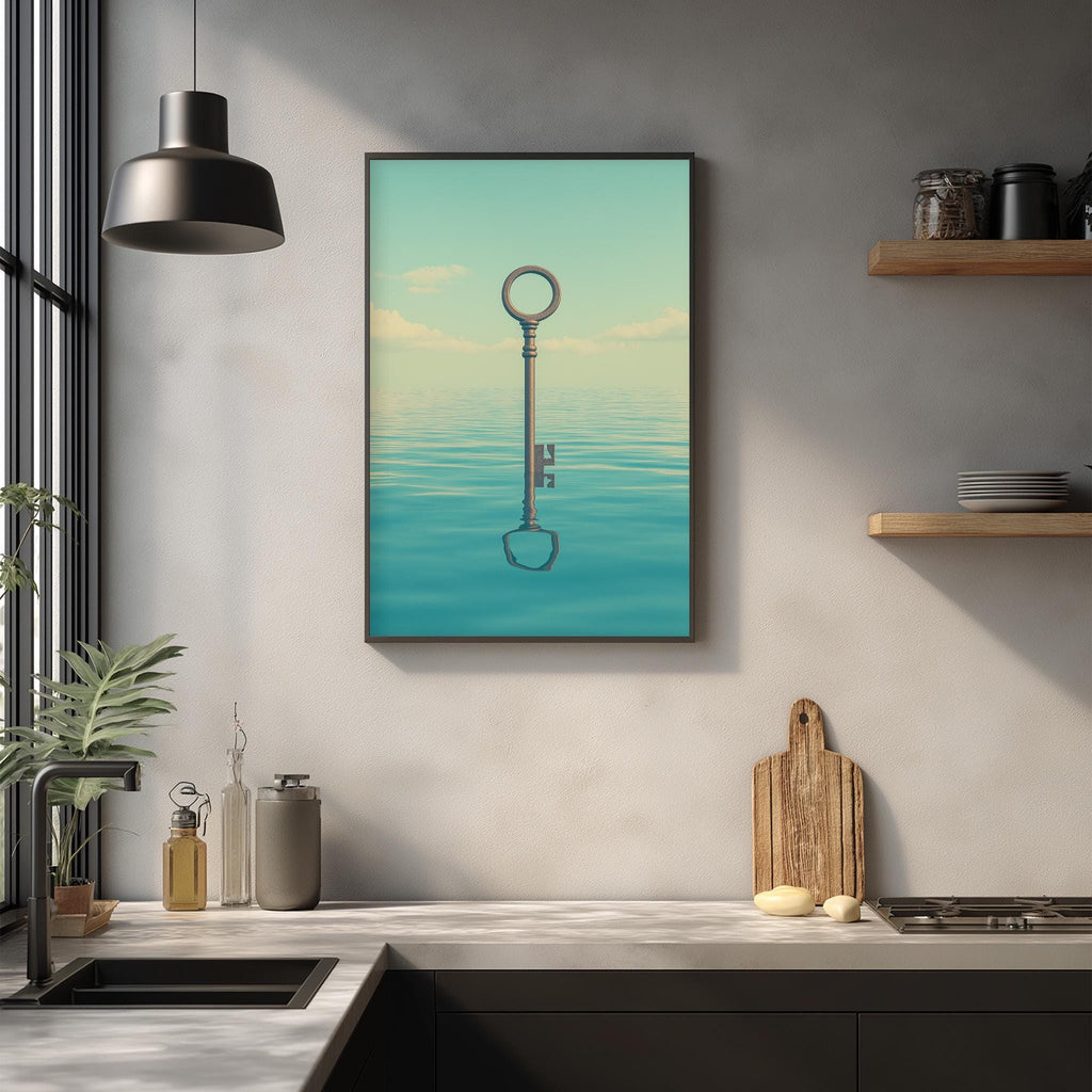 a kitchen counter with various kitchen items, including a cutting board, a bottle, and a vase. Above the counter, there is a framed image of a key floating in a blue ocean, creating a serene and artistic atmosphere.