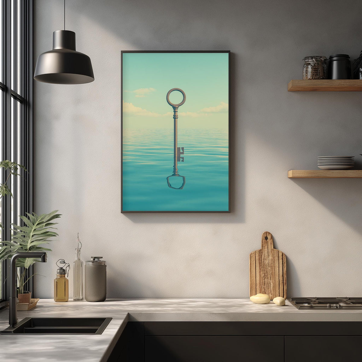 a kitchen counter with various kitchen items, including a cutting board, a bottle, and a vase. Above the counter, there is a framed image of a key floating in a blue ocean, creating a serene and artistic atmosphere.