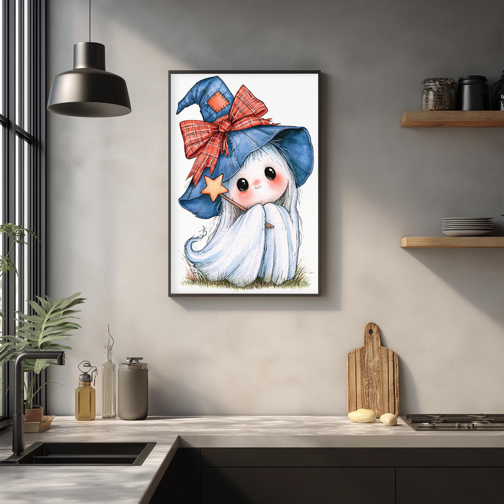 a framed illustration of a ghost-like character wearing a witch's hat, sitting on a grassy surface.