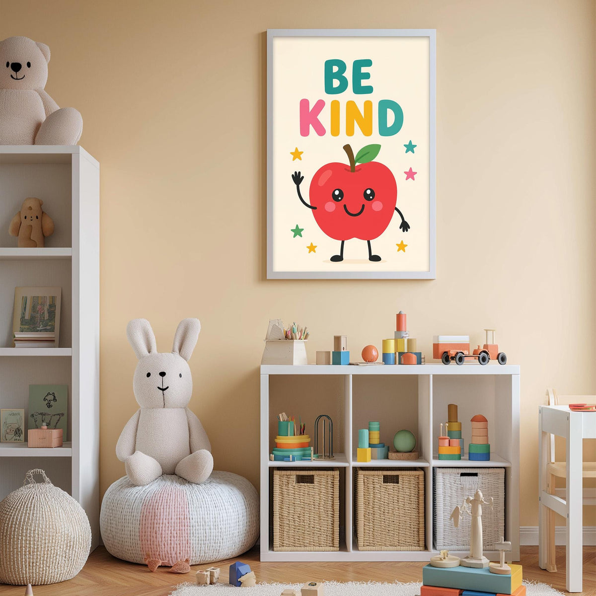 A child's bedroom with a white bookshelf, a stuffed rabbit, and a colorful poster on the wall that says "BE KIND".