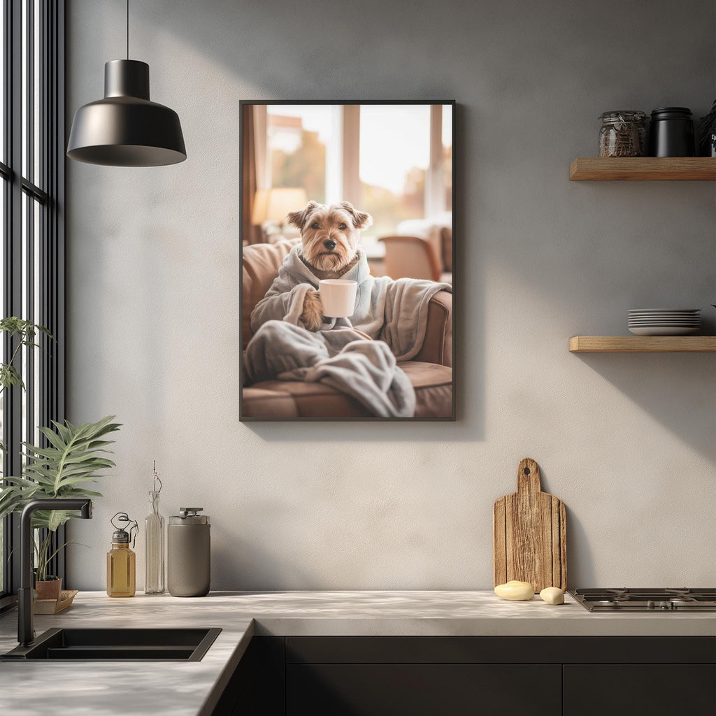 A framed photograph of a dog sitting on a couch, wearing a robe and holding a cup, is displayed on the wall in a modern kitchen setting.