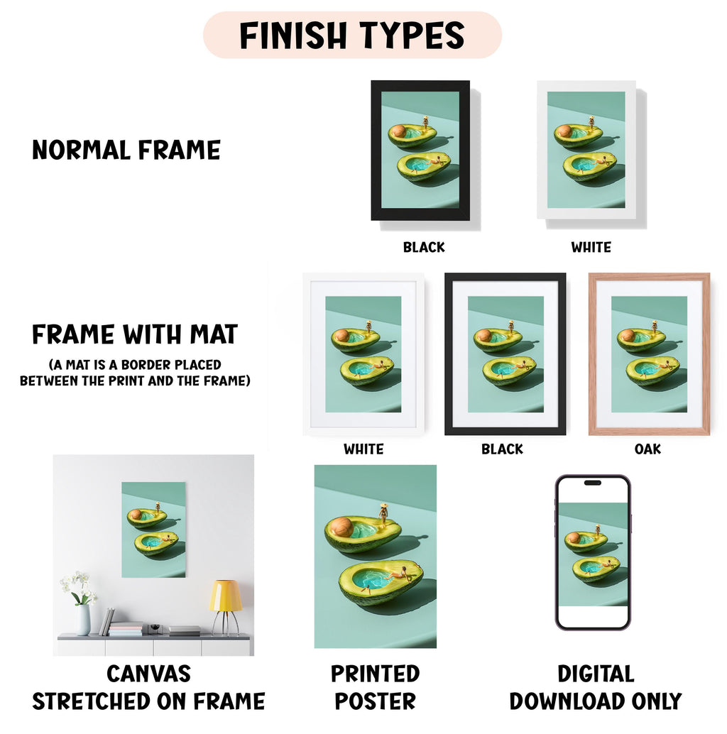 various framed artworks featuring images of avocados, including a normal frame, a black frame, a white frame, a black frame, and an oak frame. The artworks are displayed in different frame styles, such as a mat placed between the print and the frame, a canvas stretched on a frame, a printed poster, and a digital download only.