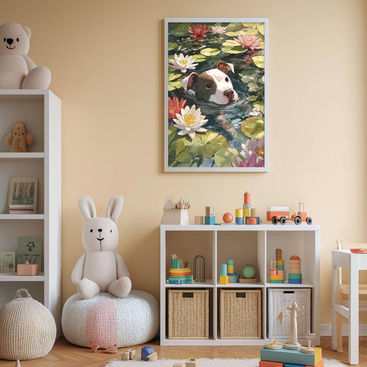 A child's bedroom with a white bookshelf, a stuffed rabbit, and a framed painting of a dog swimming in a pond with lily pads.