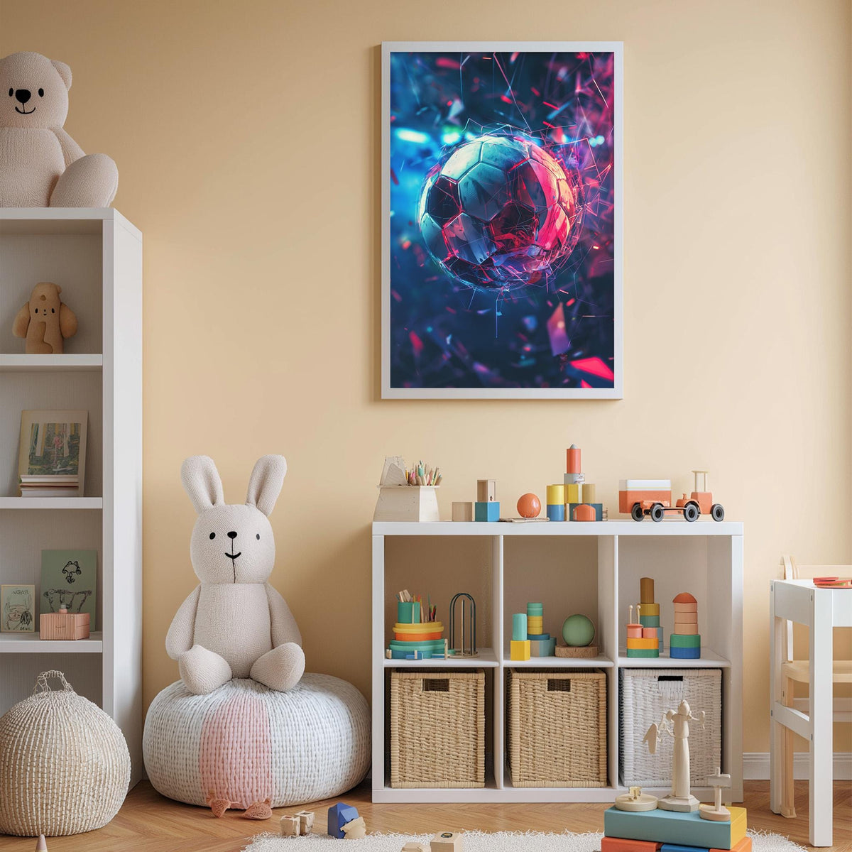 A child's bedroom with a white bookshelf, a stuffed rabbit, and a colorful abstract painting on the wall.
