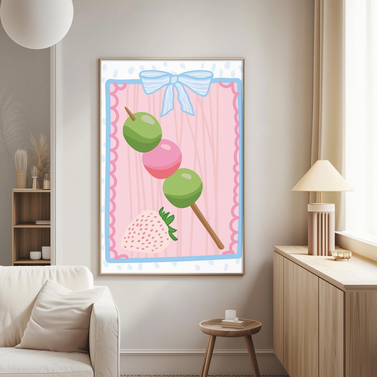 a cozy living room with a white sofa, a wooden side table, and a framed picture of a strawberry on a stick hanging on the wall.