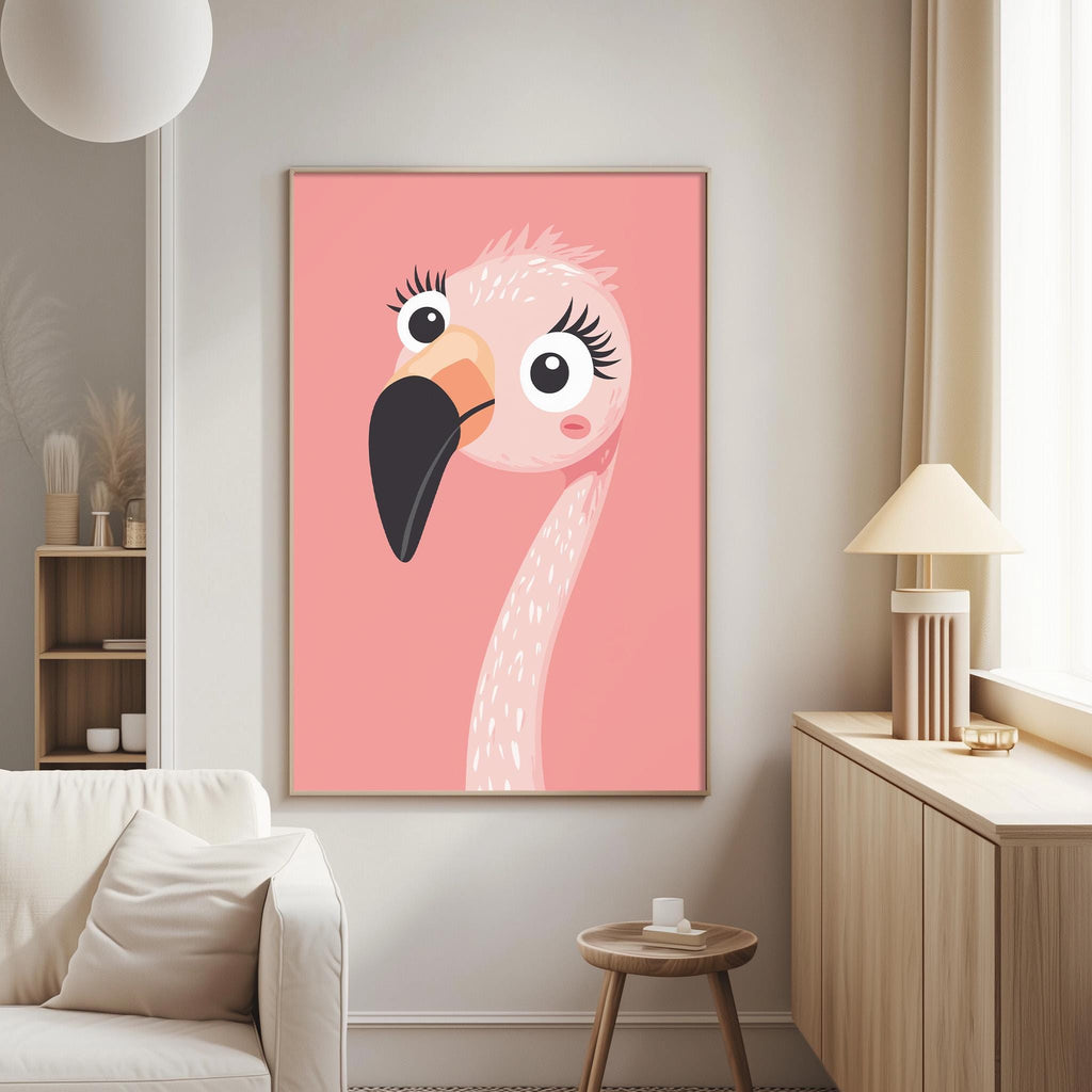 a large, colorful painting of a flamingo on the wall of a living room.