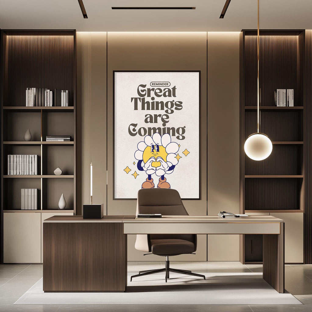 a modern office space with a large poster on the wall that says "Great Things are Coming". The office has a wooden desk, a chair, and a bookshelf. The overall design and decor of the space create a professional and creative atmosphere.