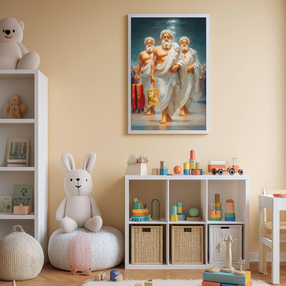 a child's bedroom with a large painting of three bearded men in white robes hanging on the wall. The room is filled with various toys, including a teddy bear, a stuffed rabbit, and a toy train. The walls are painted a light peach color, and the floor is covered with a beige rug.