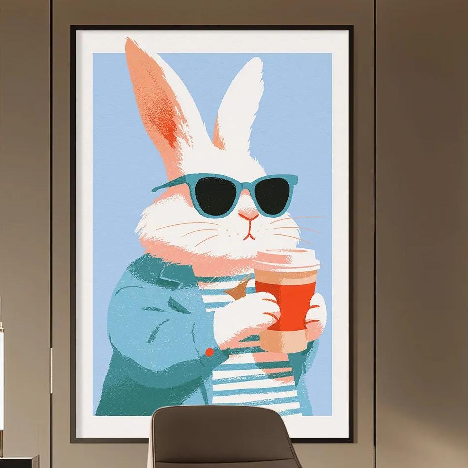 a modern office space with a large framed illustration of a rabbit wearing sunglasses and holding a drink on the wall. The office has a wooden desk, a chair, and a bookshelf filled with books.