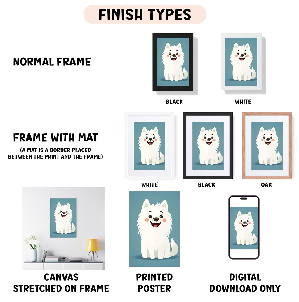 various types of artwork, including a canvas stretched on a frame, a framed poster, and a digital poster. The artwork is presented in different frame colors and styles, such as a normal frame, a black frame, a white frame, and an oak frame. The artwork is also described as a canvas stretched on a frame, a printed poster, and a digital download only. The image is a collage of multiple images, and the text provides information about the different frame types and the artwork displayed.