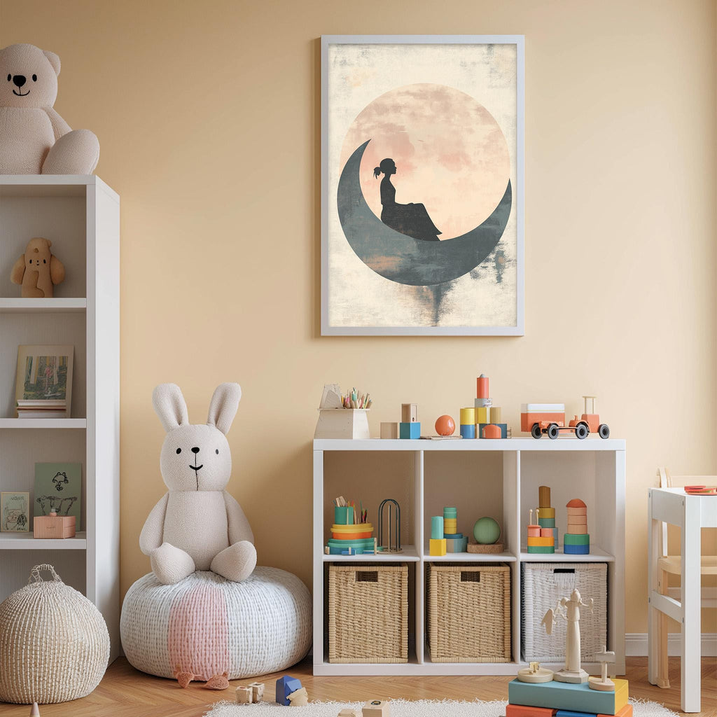 A cozy and colorful children's bedroom with a large crescent moon-themed artwork on the wall, a stuffed bunny, a toy train, and a bookshelf filled with toys and books.
