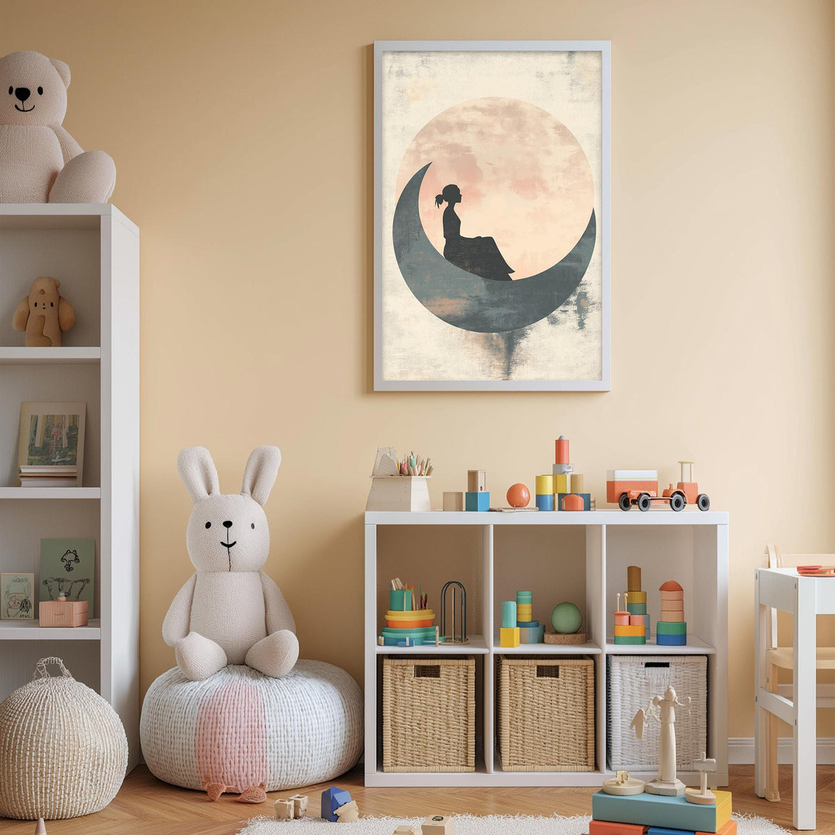 A cozy and colorful children's bedroom with a large crescent moon-themed artwork on the wall, a stuffed bunny, a toy train, and a bookshelf filled with toys and books.