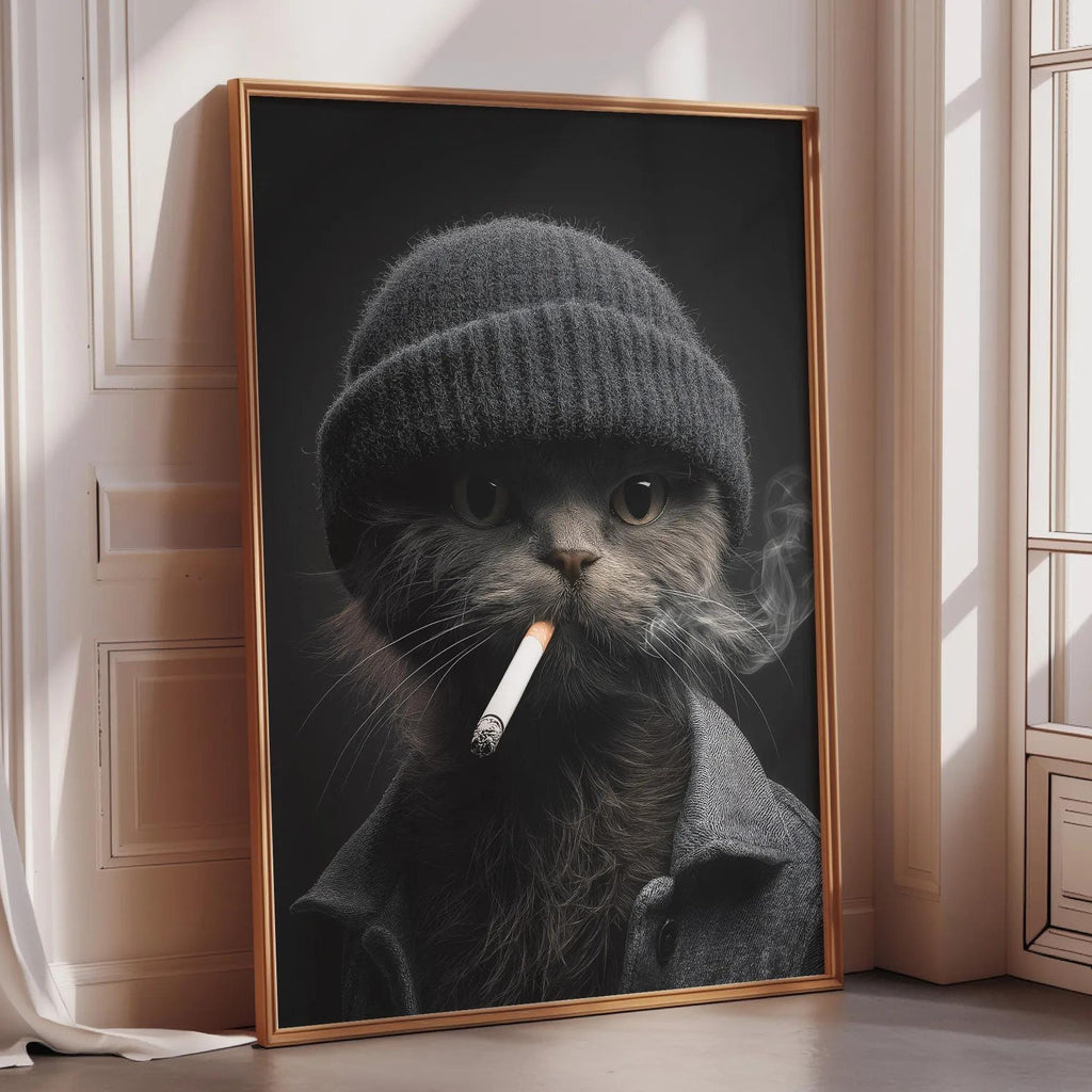 A framed image of a cat wearing a knit hat and smoking a cigarette.