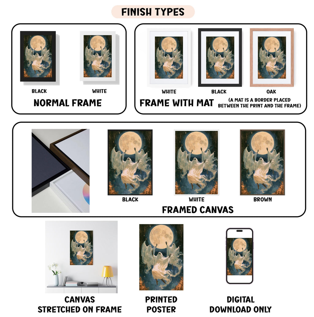 various types of artwork, including framed prints, canvas prints, and digital versions, all featuring a moon and a dragon. The artwork is presented in different frames and mat colors, and the descriptions provided are limited to avoid redundancy and ensure clarity.