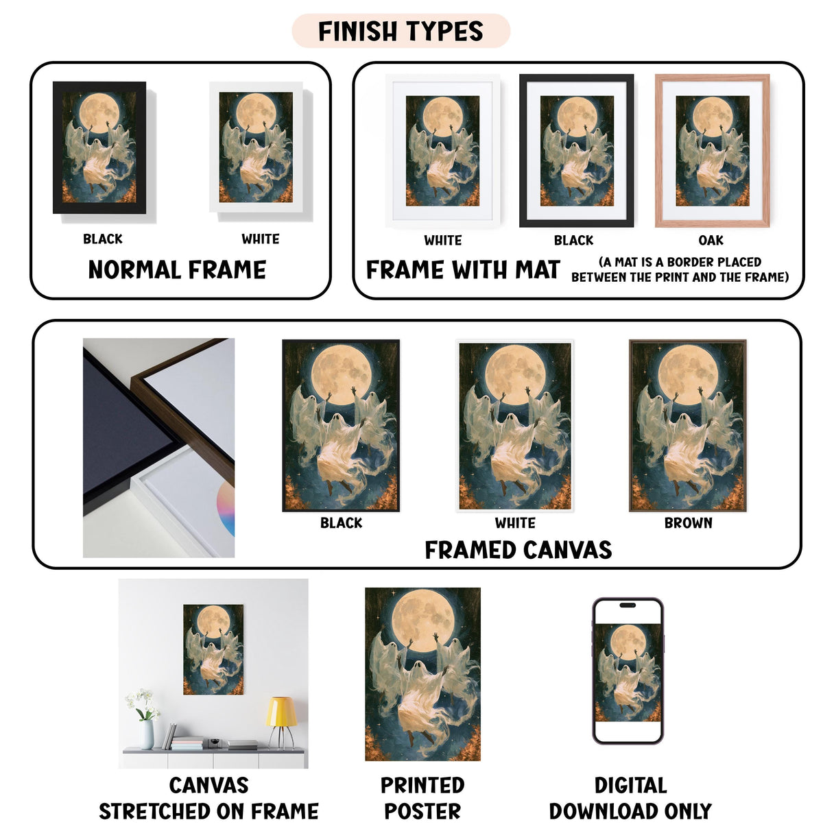 various types of artwork, including framed prints, canvas prints, and digital versions, all featuring a moon and a dragon. The artwork is presented in different frames and mat colors, and the descriptions provided are limited to avoid redundancy and ensure clarity.
