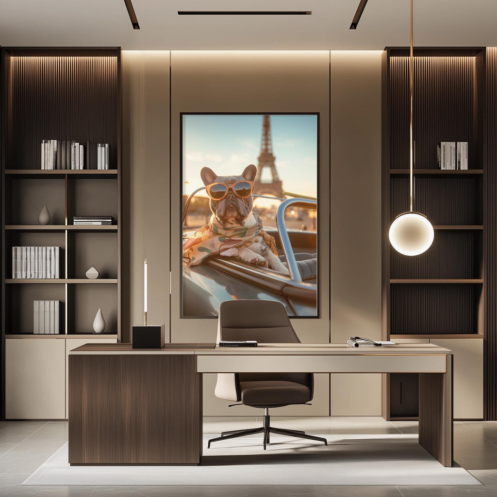 a modern office space with a large framed picture of a dog wearing sunglasses, sitting in a car, as the focal point. The office has a sleek and contemporary design, with a desk, chair, and shelving units.