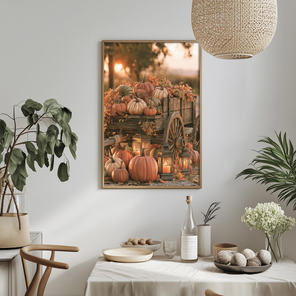 a dining table set with a white tablecloth, a bowl of fruit, a bottle, and a vase with flowers. Above the table, there is a framed picture of a wagon filled with pumpkins and lanterns, creating a cozy autumn atmosphere.